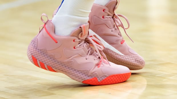 Philadelphia 76ers guard James Harden wearing the Adidas Harden Vol. 6.